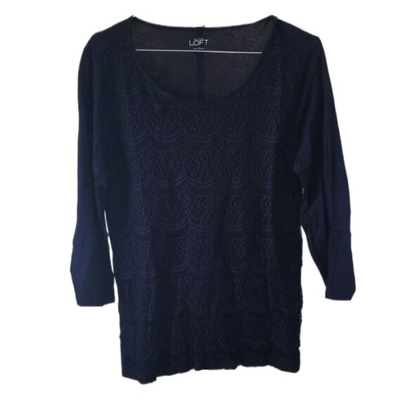 Ann Taylor Loft Black Lace Front Long Sleeve Top - Picture 1 of 4